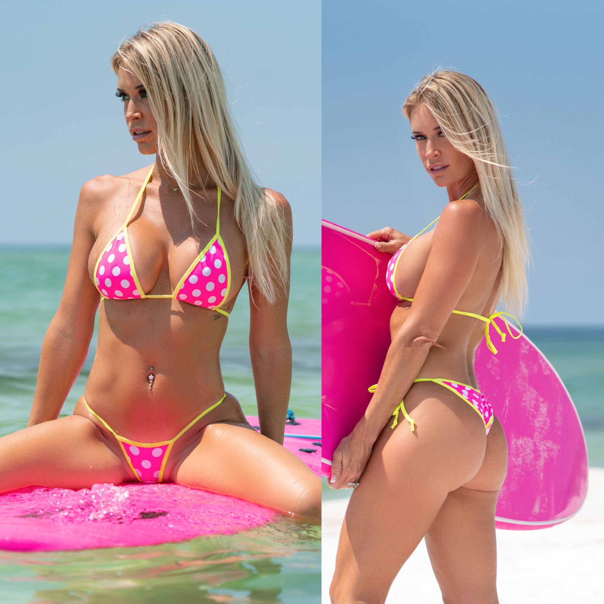 Neon Pink with White Polka Dots - Neon Yellow - Scrunchbutt Three Piece (Thong Included)
