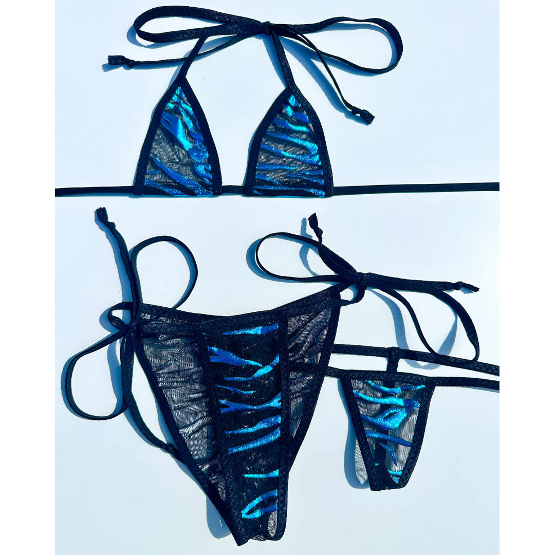 Aqua Blue Foil Zebra Stripes - Black - 3 piece Scrunch butt set - Completely See-through