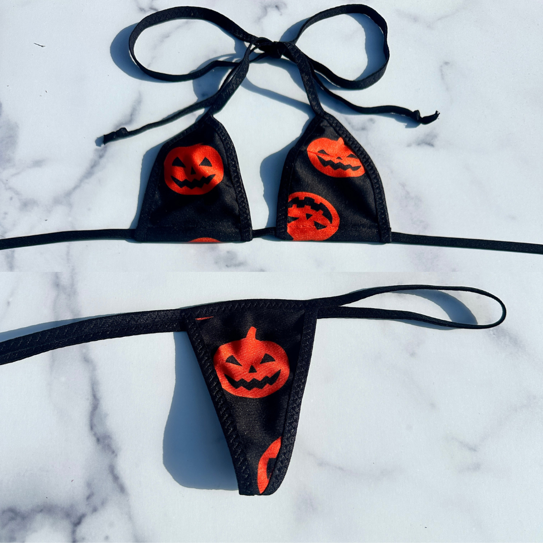 Black with Orange Pumpkins - Black - 3 piece scrunch butt set (Thong included)
