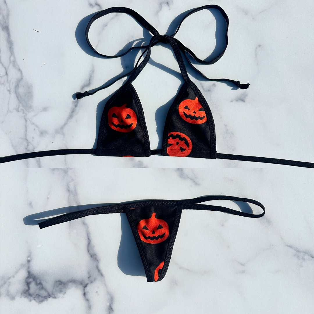 Black with Orange Pumpkins - Black - 3 piece scrunch butt set (Thong included)