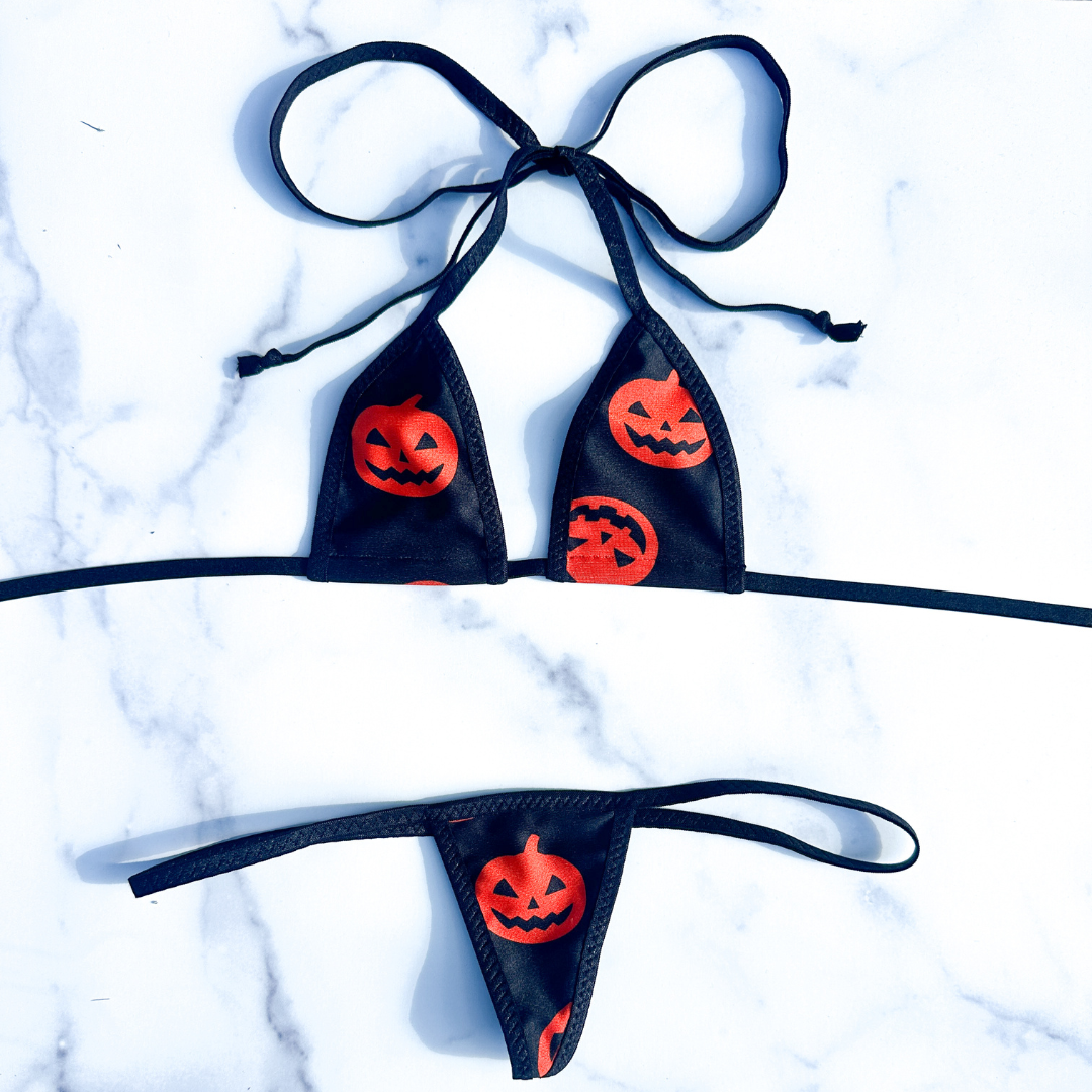 Black with Orange Pumpkins - Black - 3 piece scrunch butt set (Thong included)
