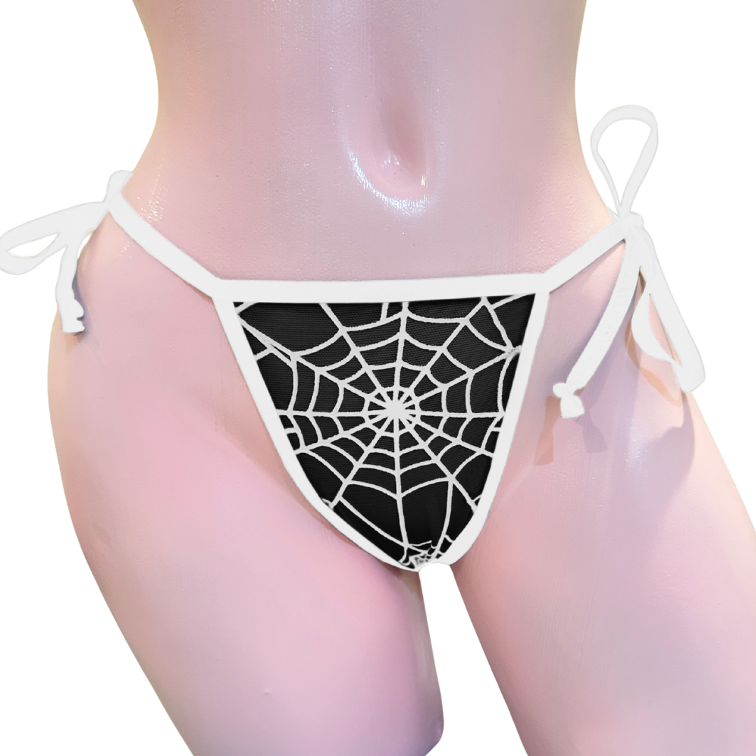 Black Mesh White Spider Web - White - 3 piece scrunch butt set (Thong included)