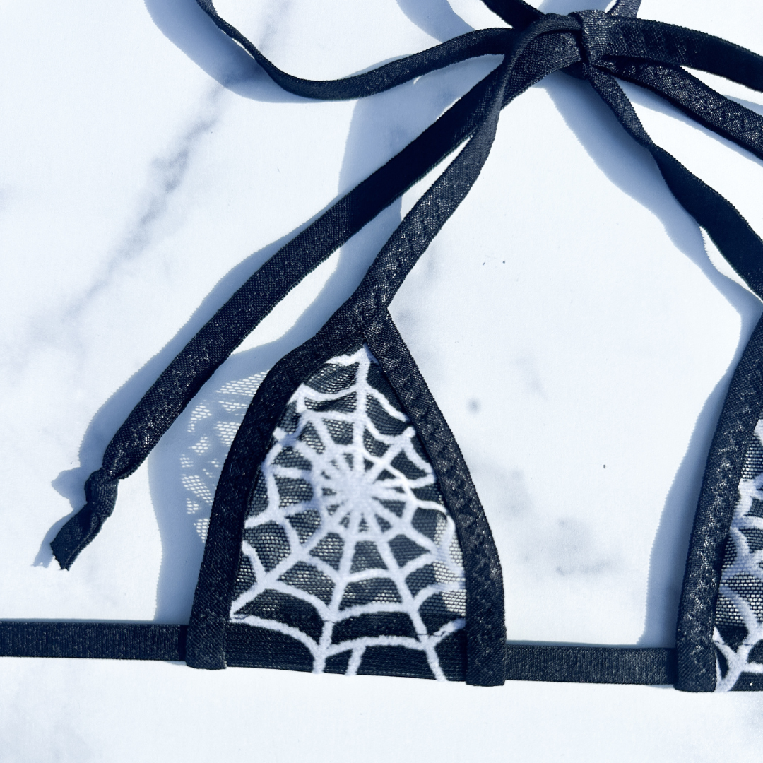 Black Mesh White Spider Web - Black - 3 piece scrunch butt set (Thong included)