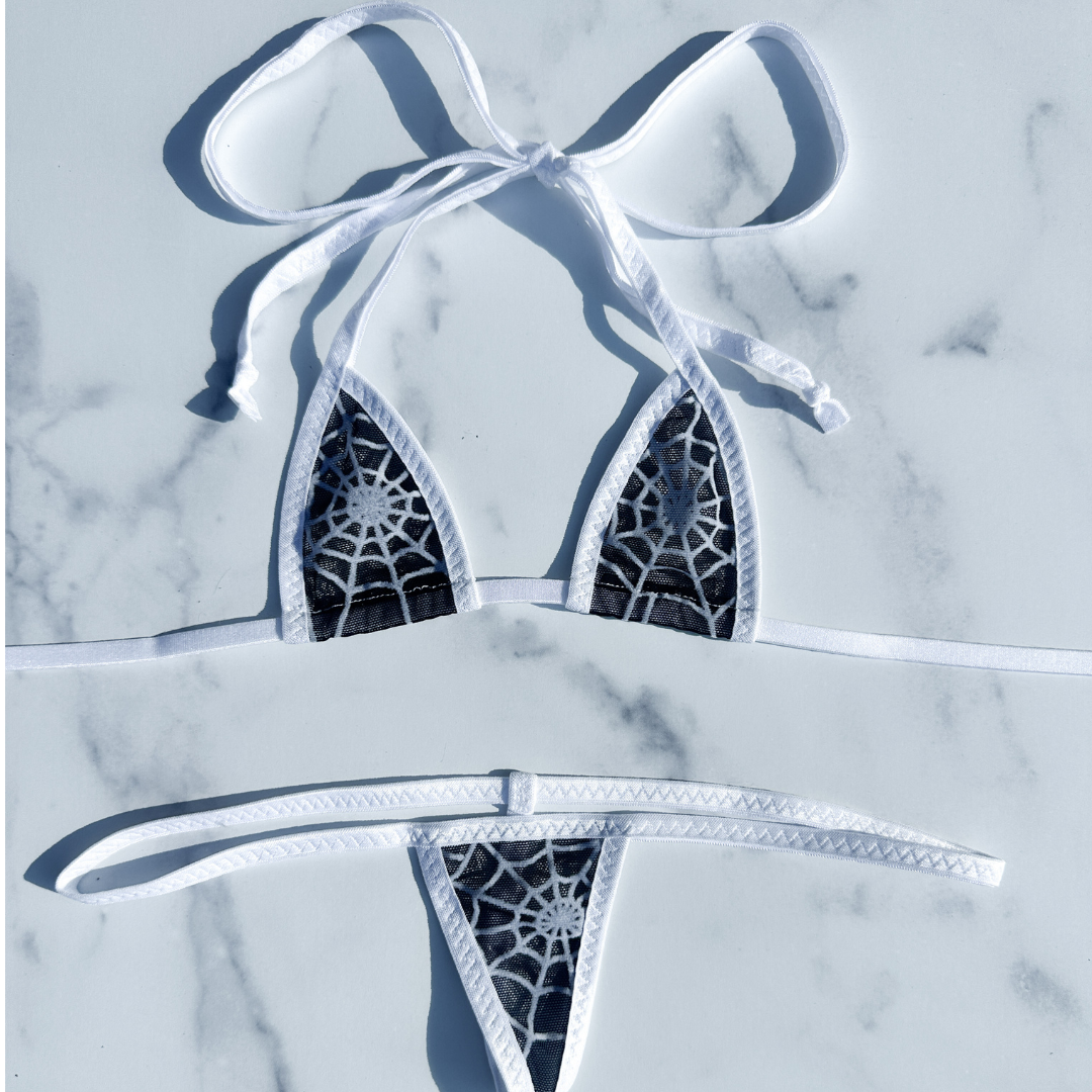 Black Mesh White Spider Web - White - 3 piece scrunch butt set (Thong included)
