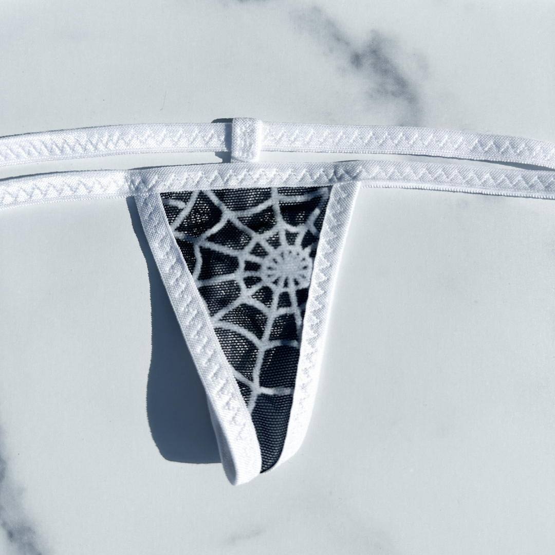 Black Mesh with White Spider web - White - Micro G-string Set Completely See Through