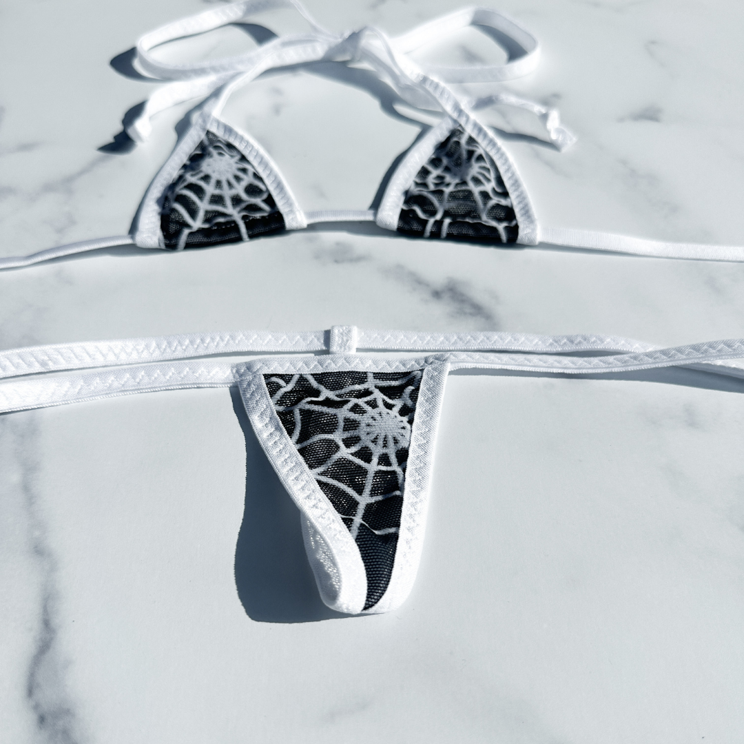 Black Mesh with White Spider web - White - Micro G-string Set Completely See Through
