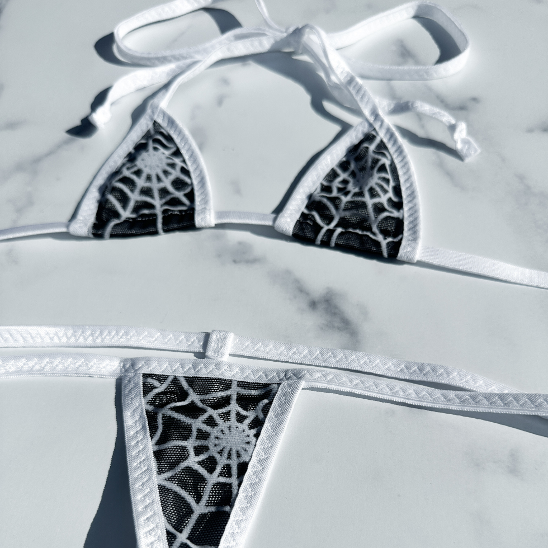 Black Mesh with White Spider web - White - Micro G-string Set Completely See Through