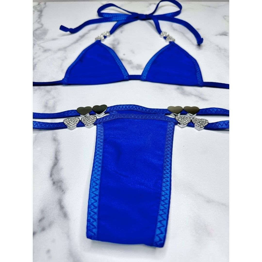 Electric Blue - Tie Side Thong with Rhinestone Closed Hearts