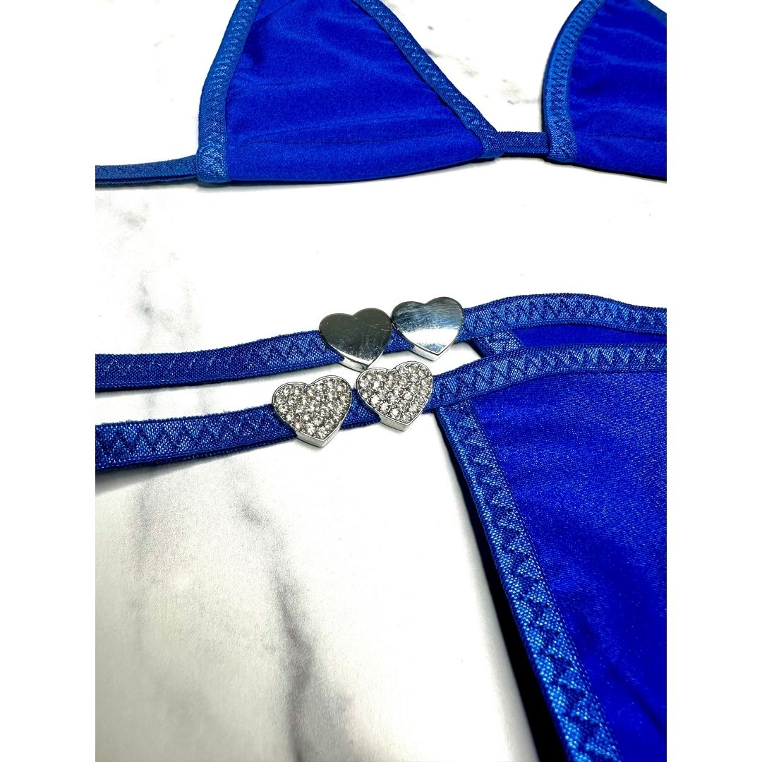 Electric Blue - Tie Side Thong with Rhinestone Closed Hearts