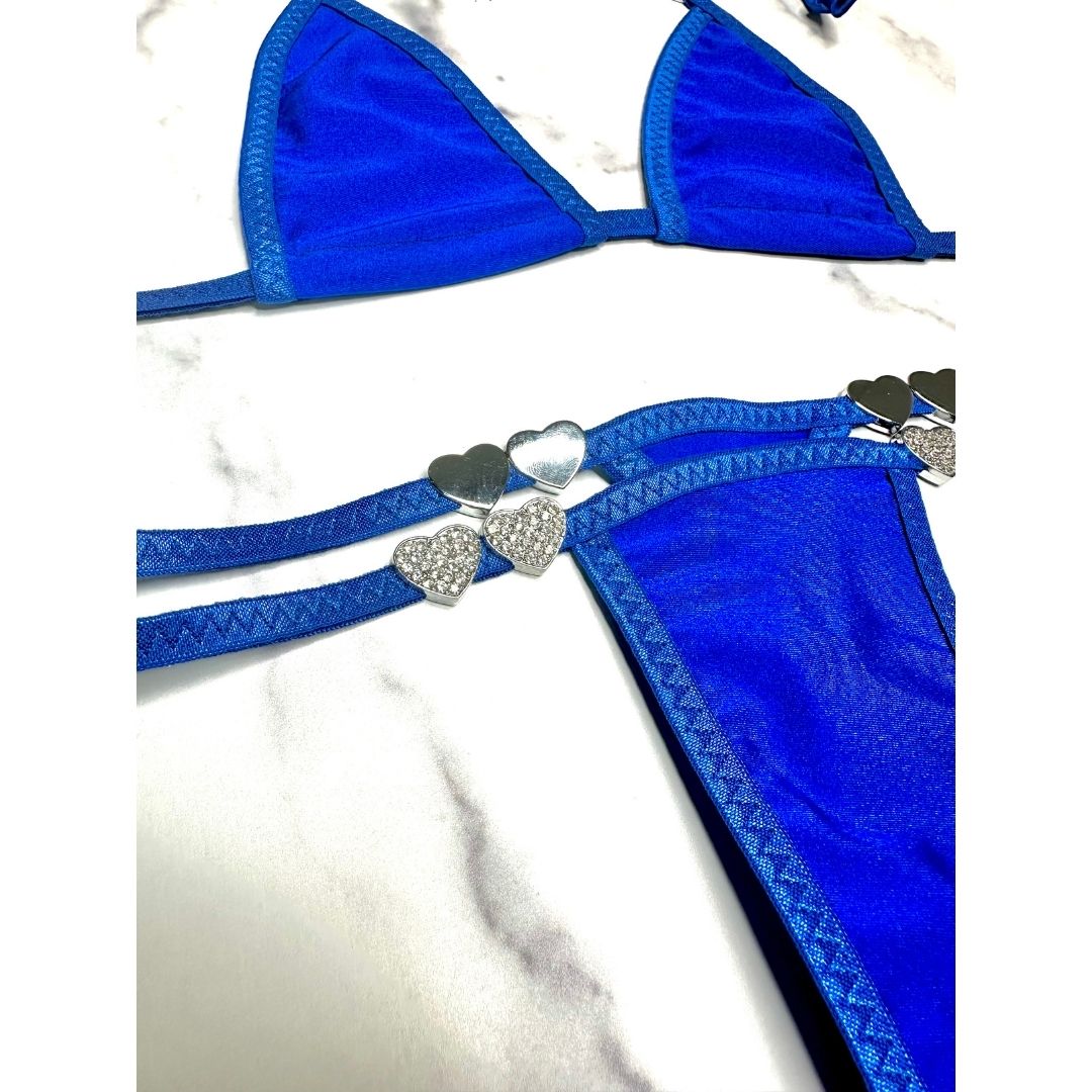 Electric Blue - Tie Side Thong with Rhinestone Closed Hearts