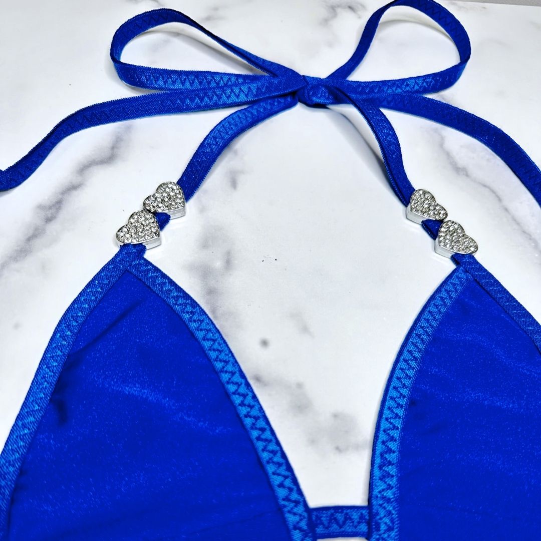 Electric Blue - Tie Side Thong with Rhinestone Closed Hearts