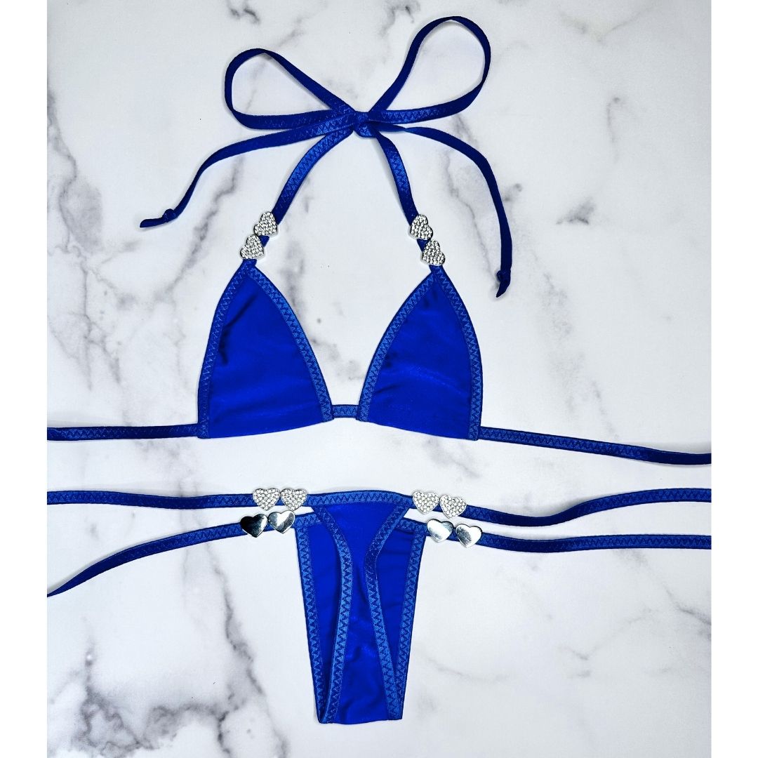 Electric Blue - Tie Side Thong with Rhinestone Closed Hearts