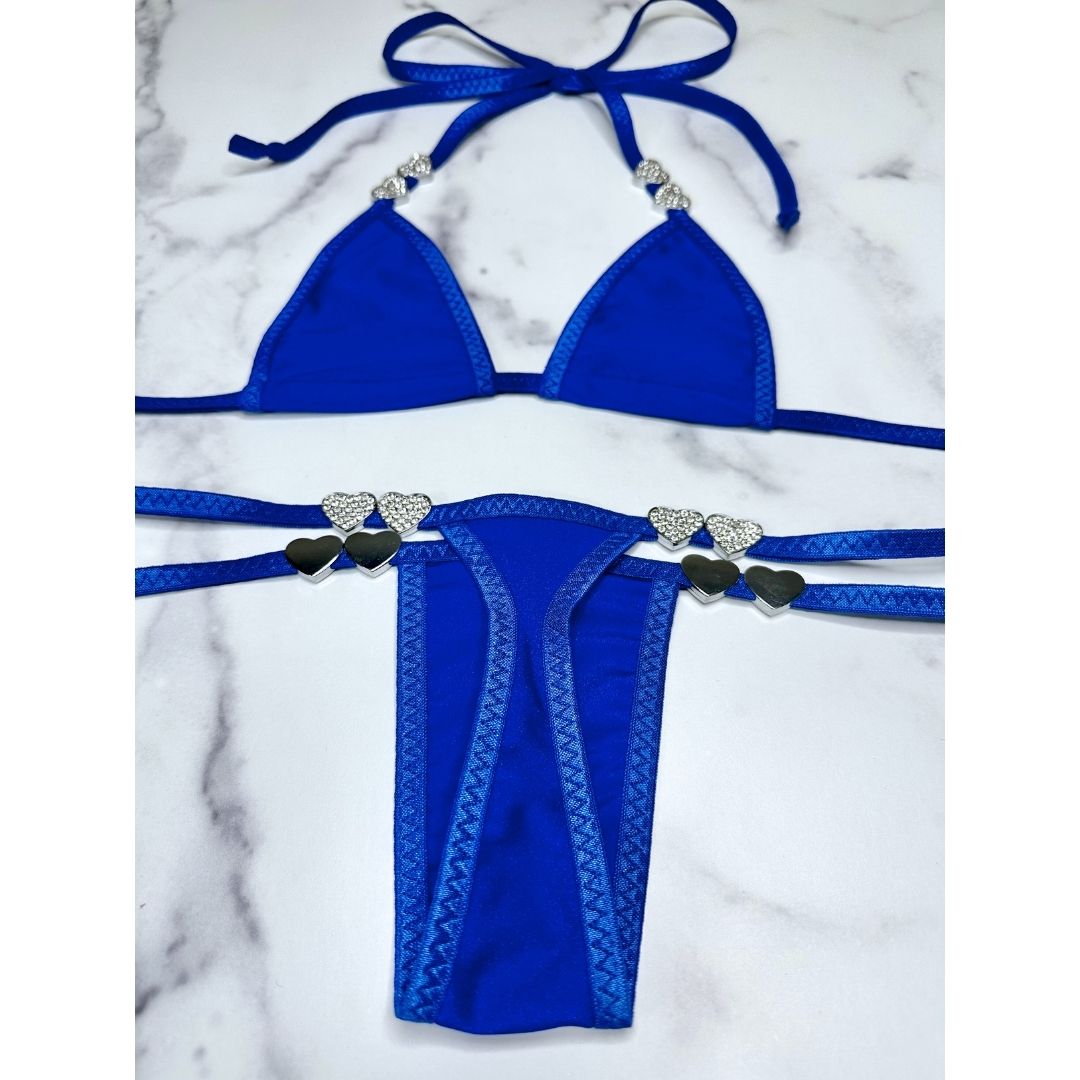 Electric Blue - Tie Side Thong with Rhinestone Closed Hearts