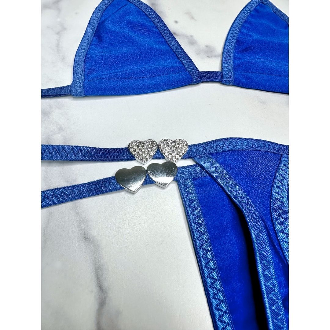 Electric Blue - Tie Side Thong with Rhinestone Closed Hearts