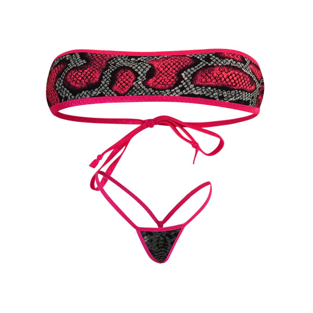 Grey and Pink Snakeskin GLOW IN BLACK LIGHT - Pink - Bandeau with Micro G-string Thong