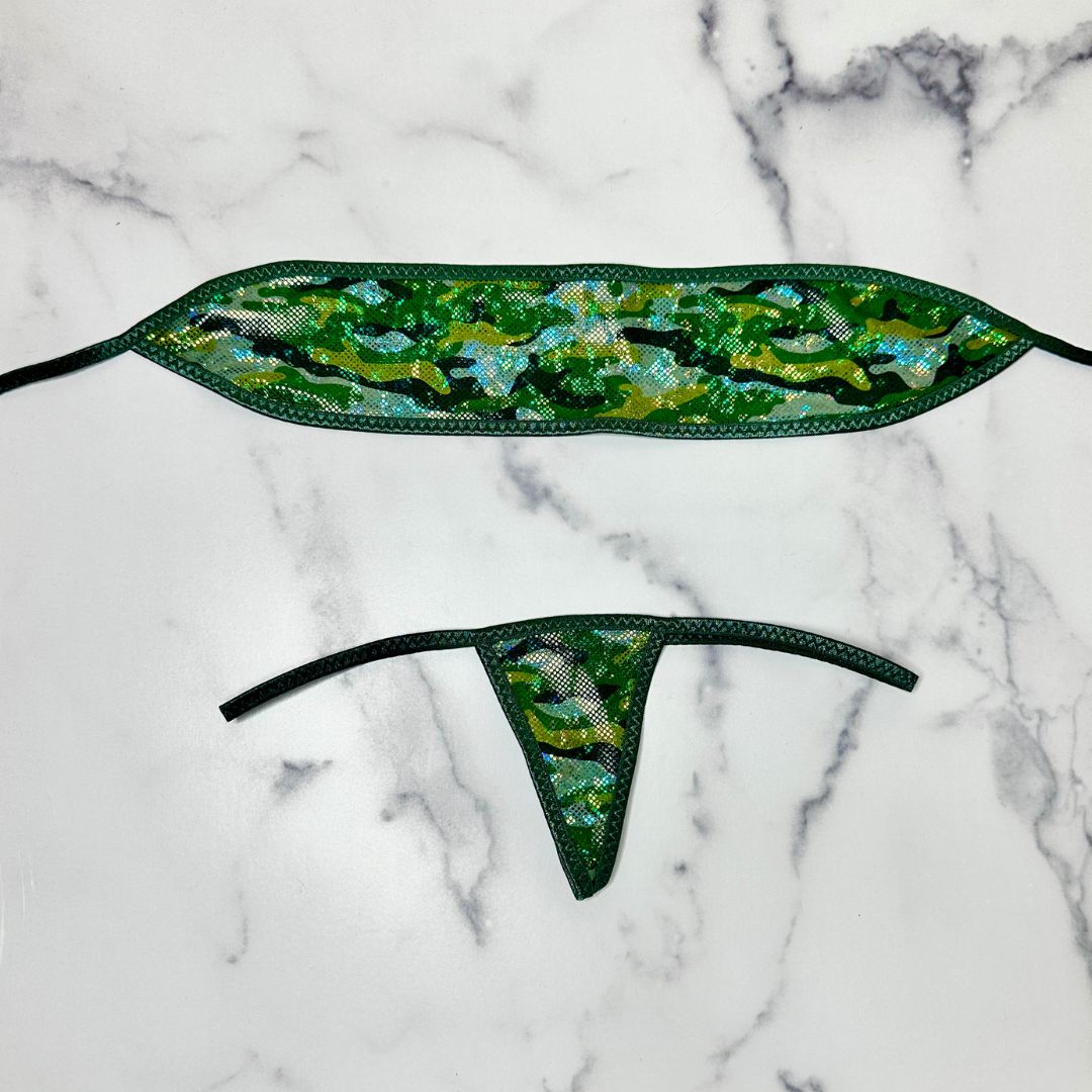 Holographic Green Camouflage - Dark Green - Bandeau with Micro G-string Thong