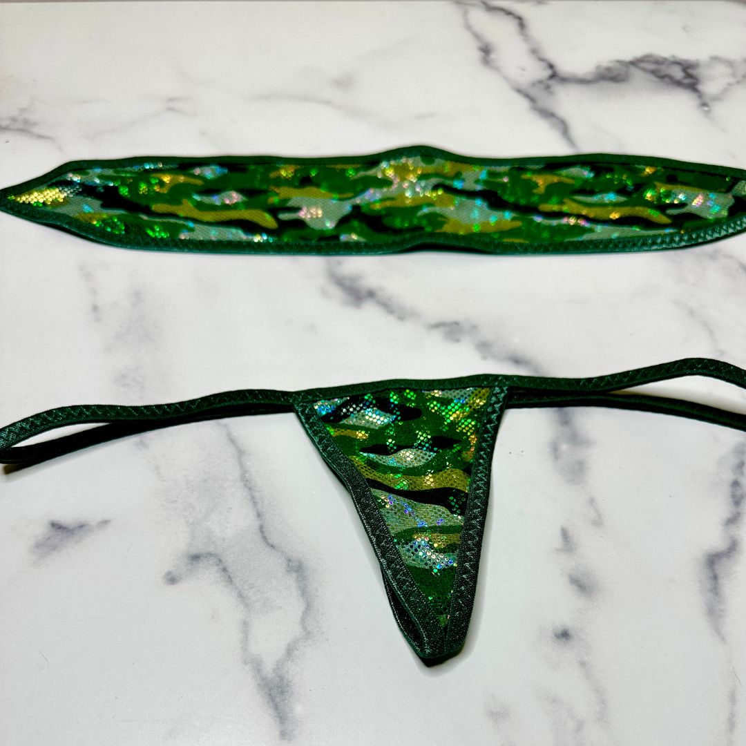 Holographic Green Camouflage - Dark Green - Bandeau with Micro G-string Thong