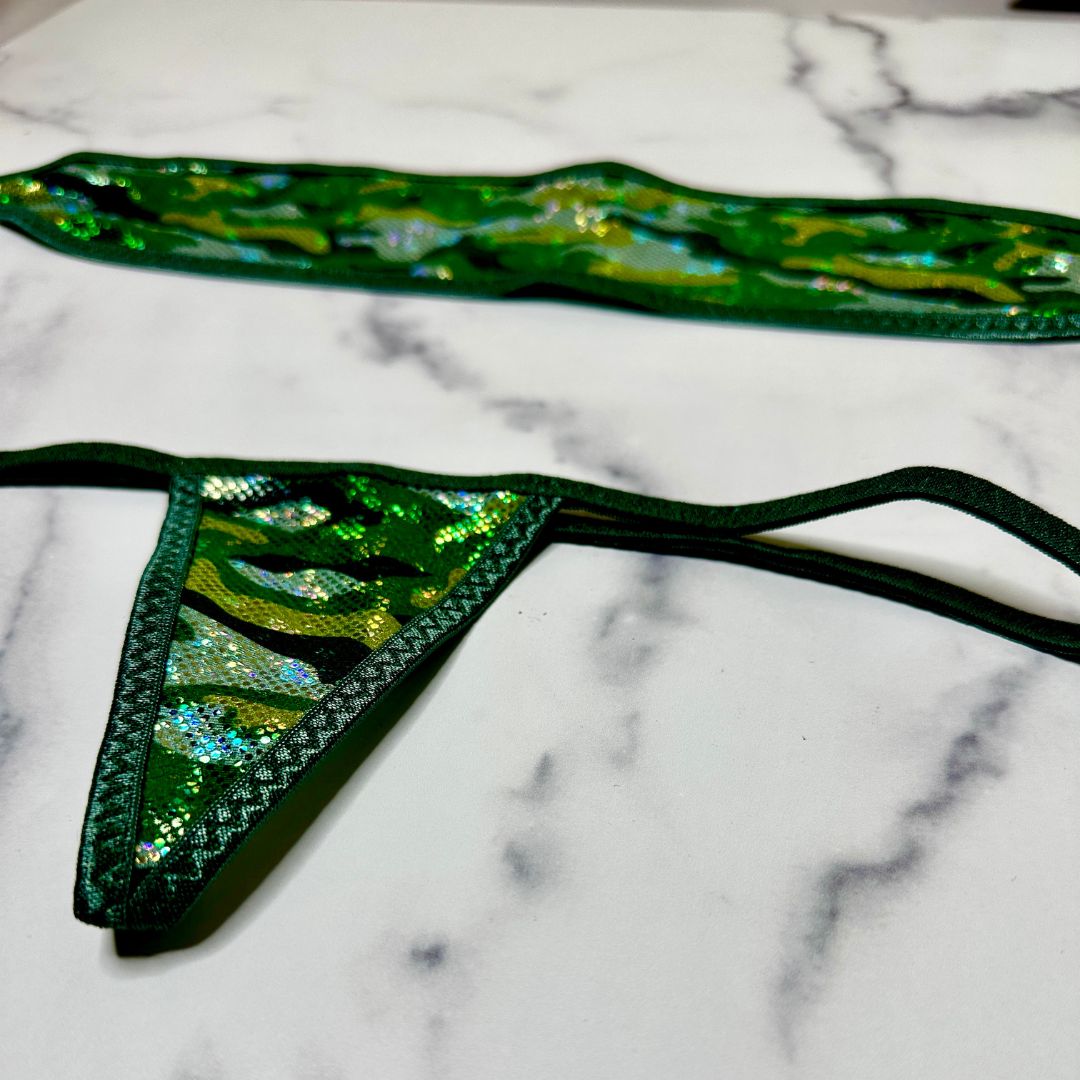 Holographic Green Camouflage - Dark Green - Bandeau with Micro G-string Thong