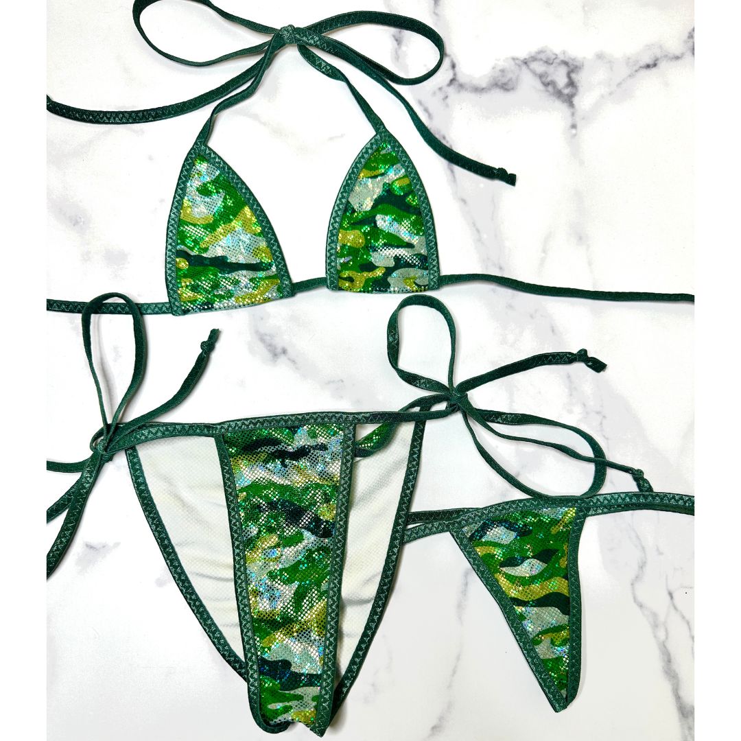 Holographic Green Camouflage - Dark Green - Scrunch Butt Three Piece (Thong Included)