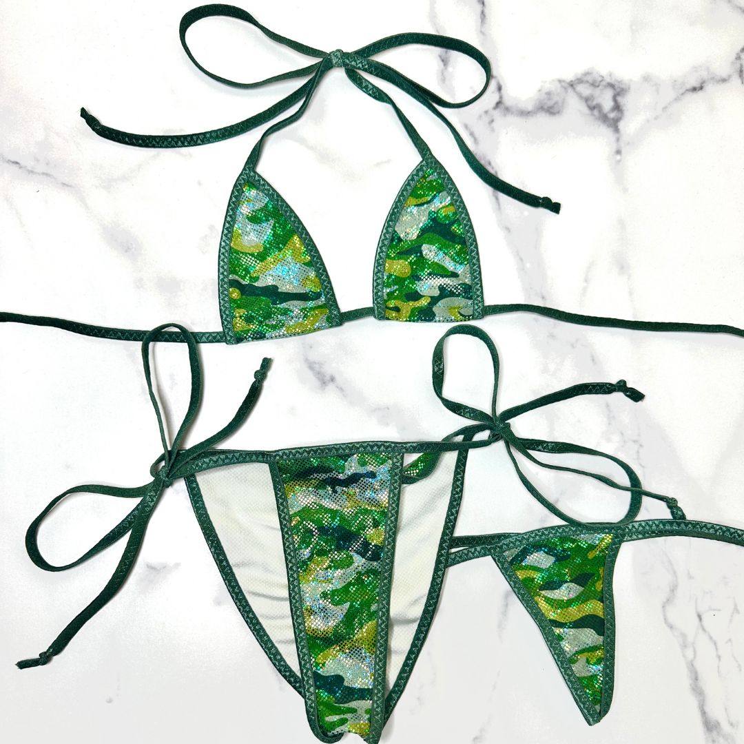 Holographic Green Camouflage - Dark Green - Scrunch Butt Three Piece (Thong Included)