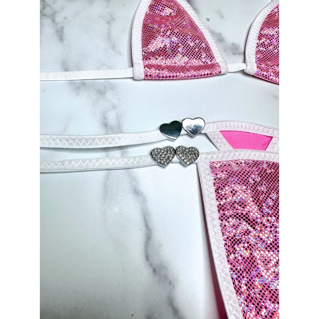 Holographic Light Pink - White - Tie Side Thong with Rhinestone Closed Hearts