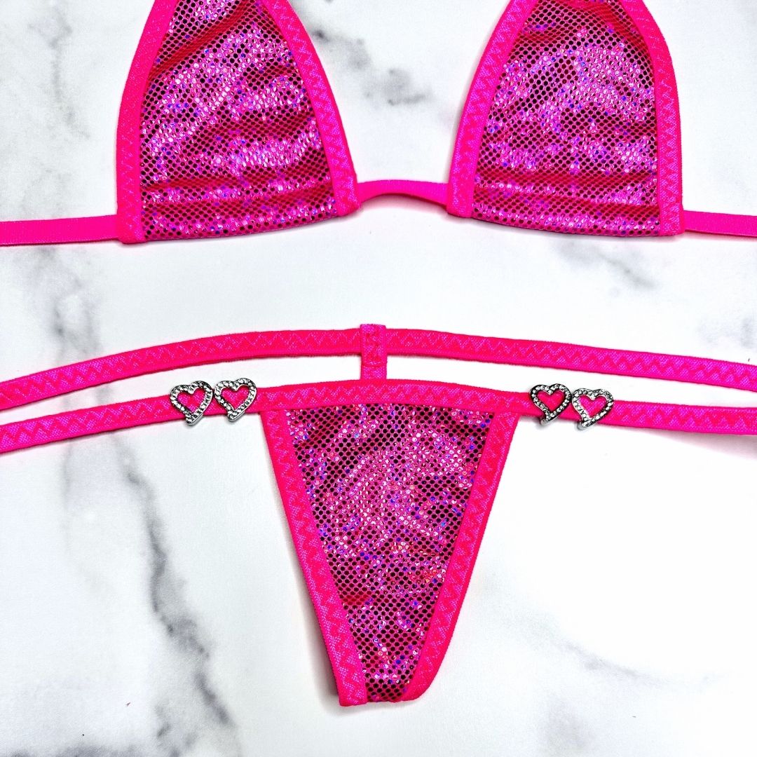 Holographic Neon Pink Micro G-String Set with Open Heart Rhinestones