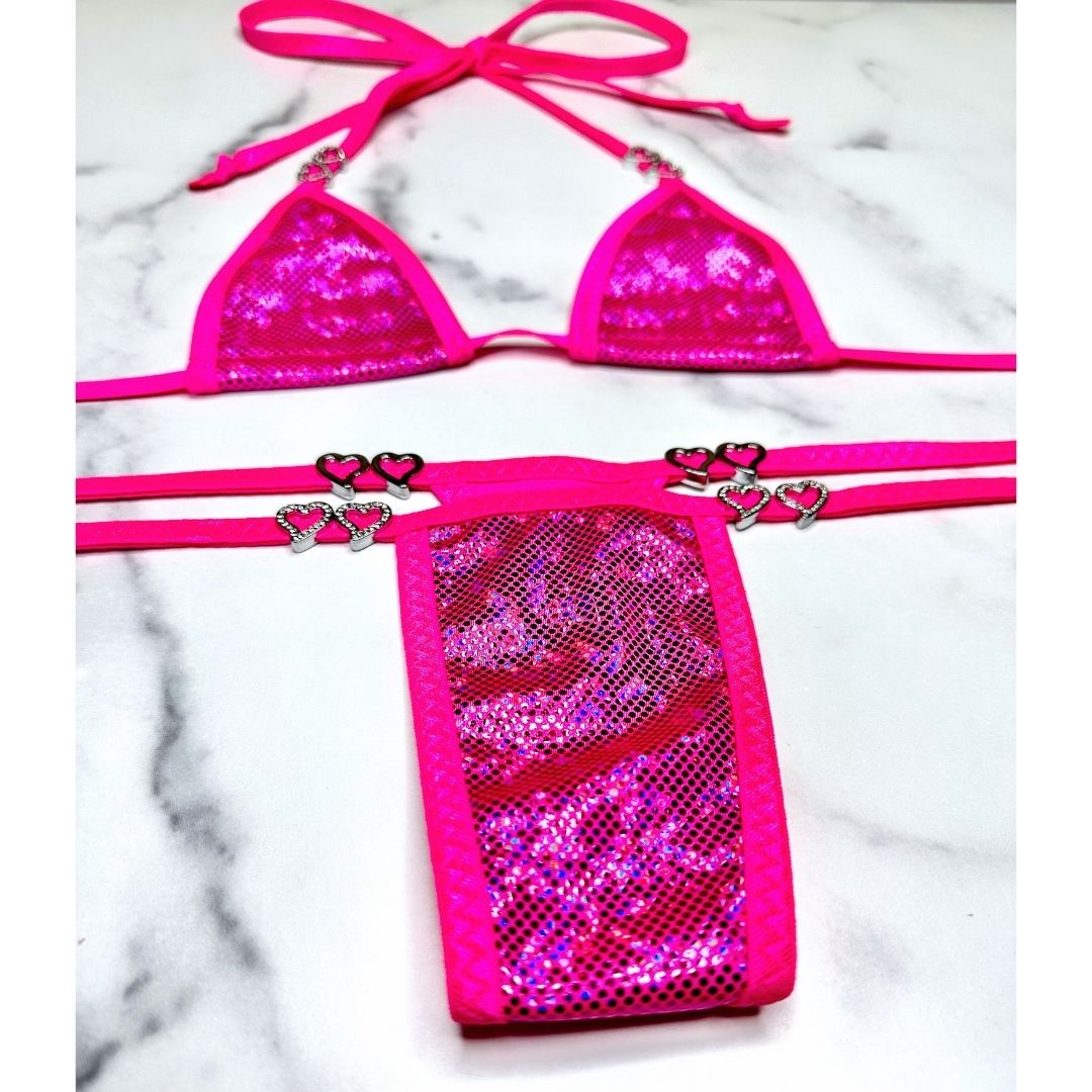 Holographic Pink - Neon Pink - Tie Side Thong with Rhinestone Open Hearts