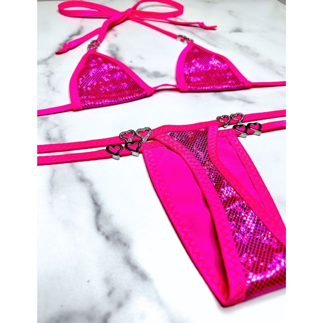 Holographic Pink - Neon Pink - Tie Side Thong with Rhinestone Open Hearts