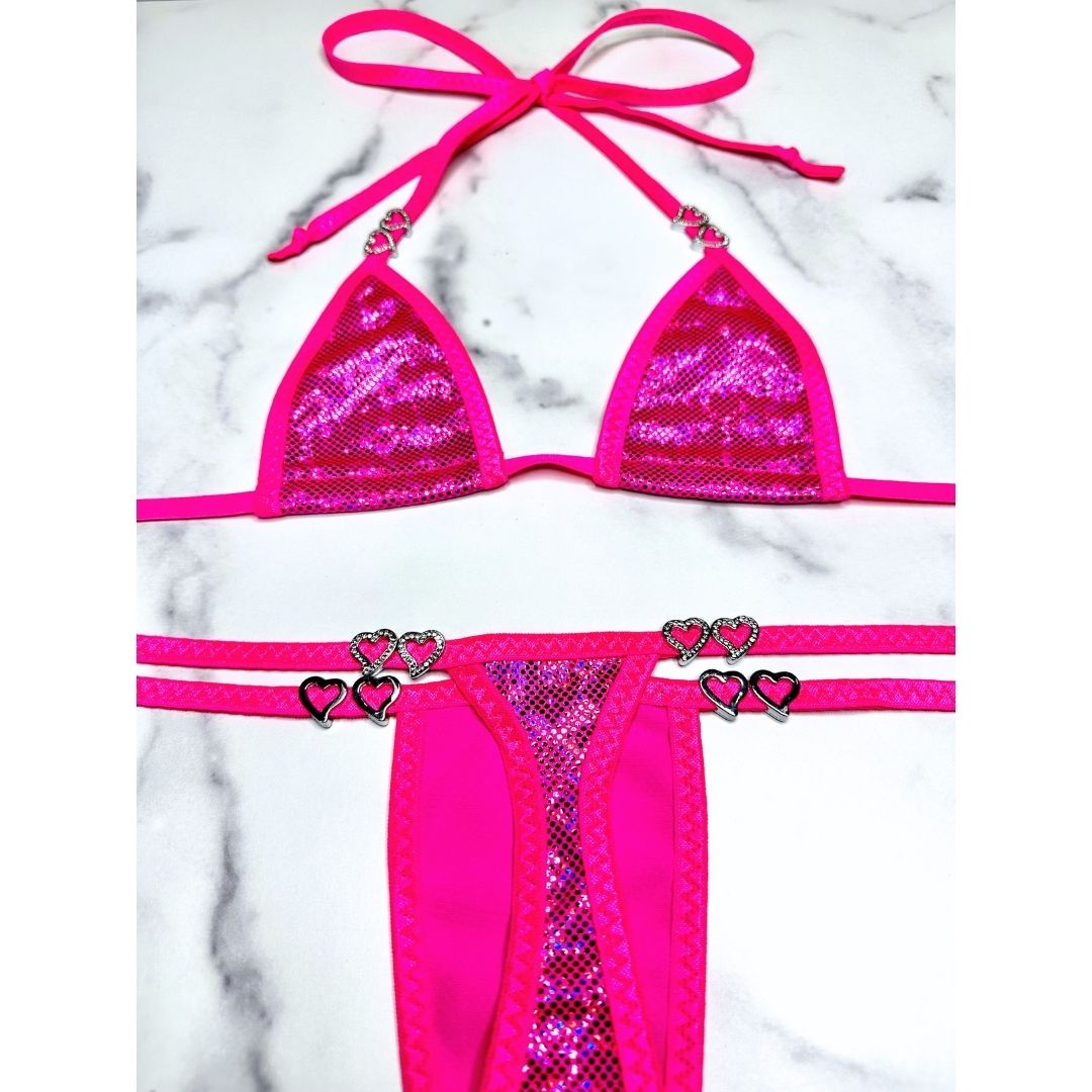 Holographic Pink - Neon Pink - Tie Side Thong with Rhinestone Open Hearts