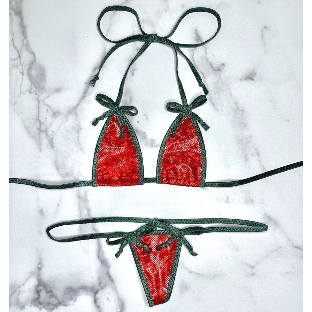 Holographic Red with Dark Green Christmas Bows Micro G-string Set