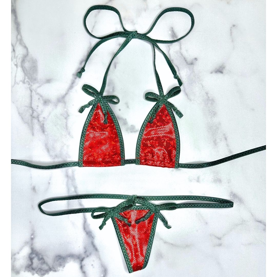 Holographic Red with Dark Green Christmas Bows Micro G-string Set