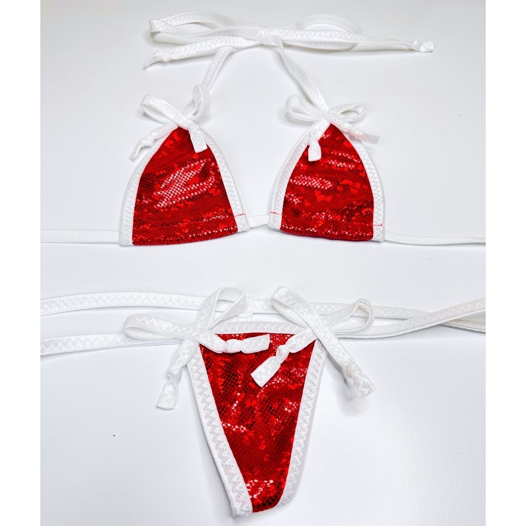 Holographic Red with White Christmas Bows Micro G-string Set