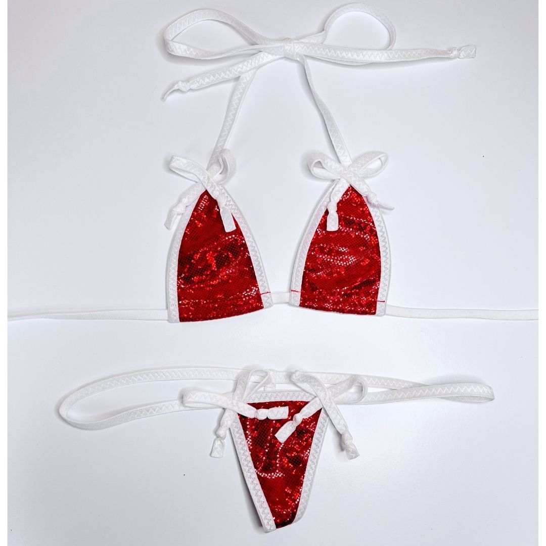 Holographic Red with White Christmas Bows Micro G-string Set