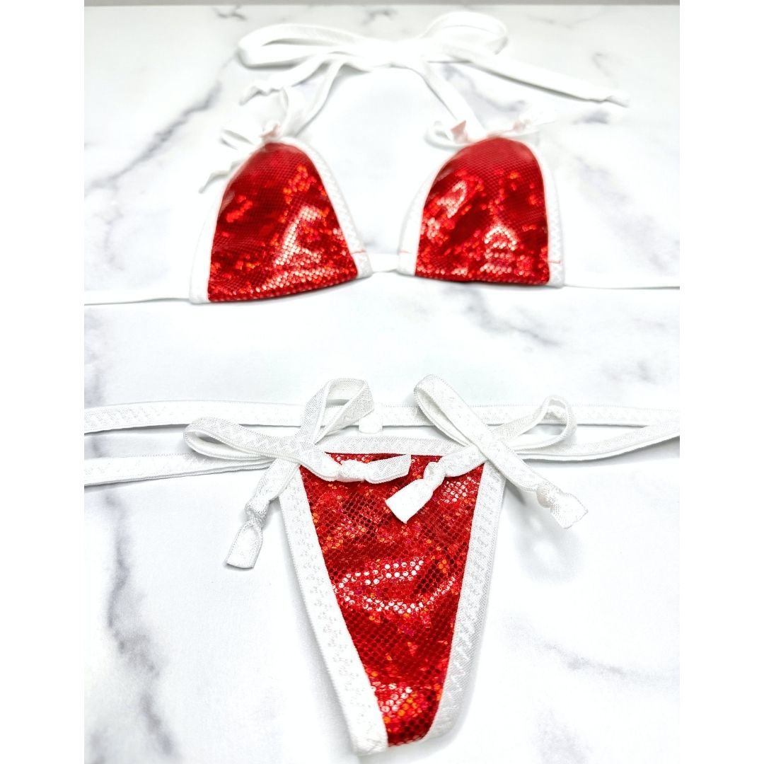 Holographic Red with White Christmas Bows Micro G-string Set