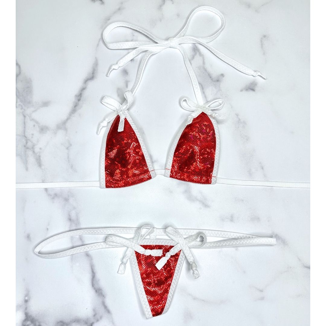 Holographic Red with White Christmas Bows Micro G-string Set