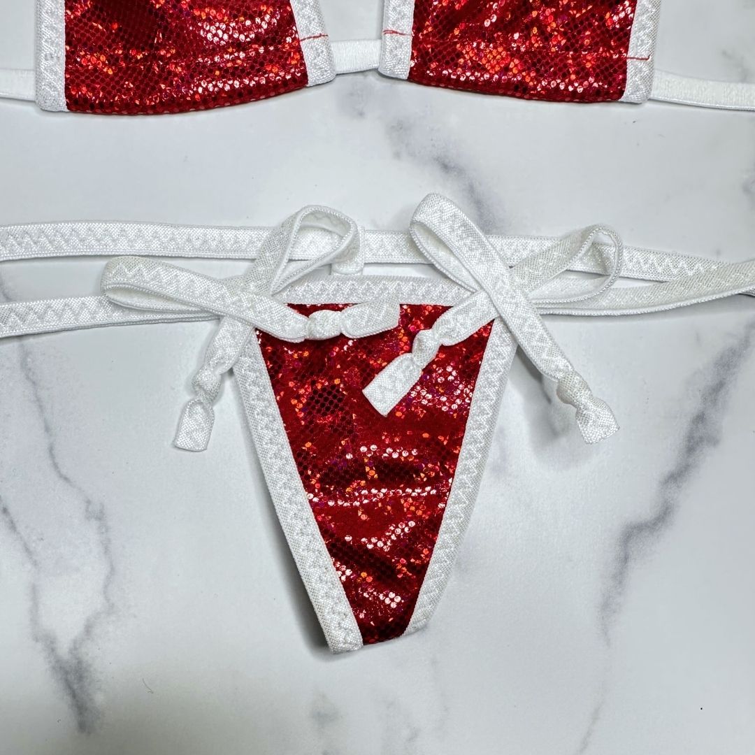 Holographic Red with White Christmas Bows Micro G-string Set