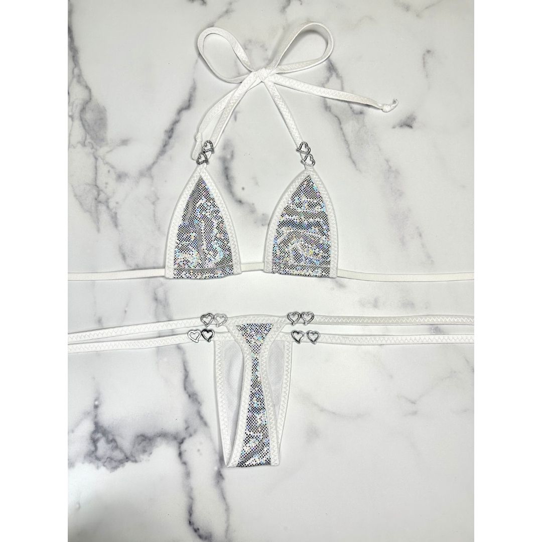 Holographic Silver - White - Tie Side Thong with Rhinestone Open Hearts