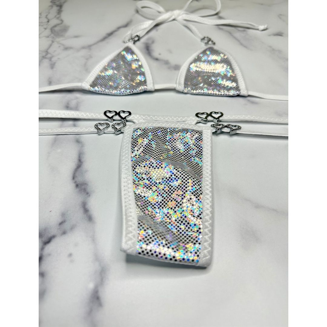 Holographic Silver - White - Tie Side Thong with Rhinestone Open Hearts