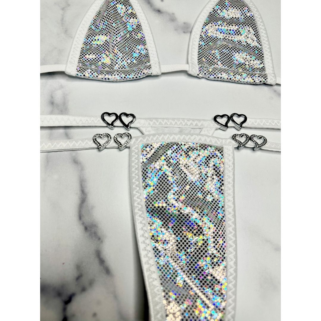 Holographic Silver - White - Tie Side Thong with Rhinestone Open Hearts