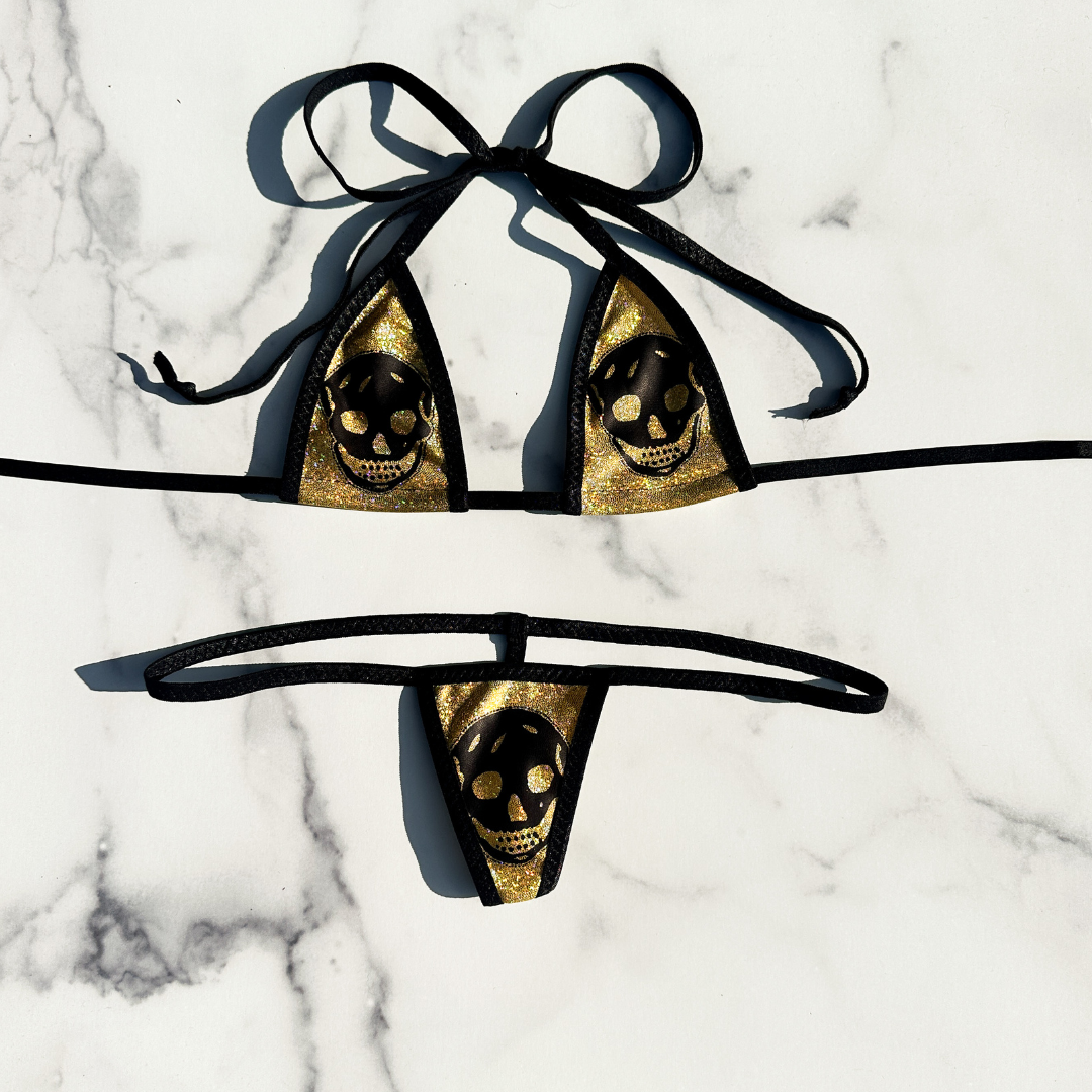 Holographic Gold with Black Skulls - 3 piece scrunch butt set (Thong included)