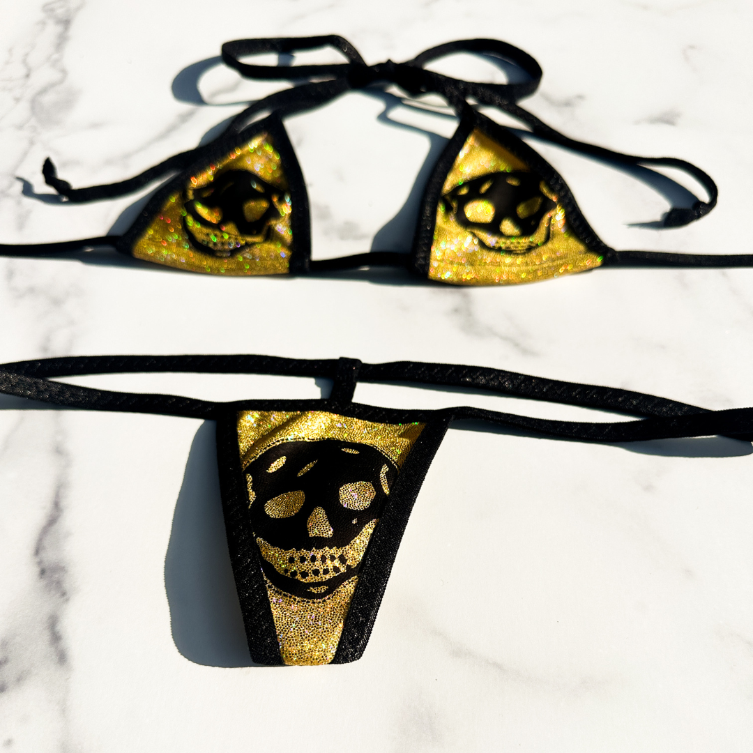 Holographic Gold with Black Skulls - 3 piece scrunch butt set (Thong included)
