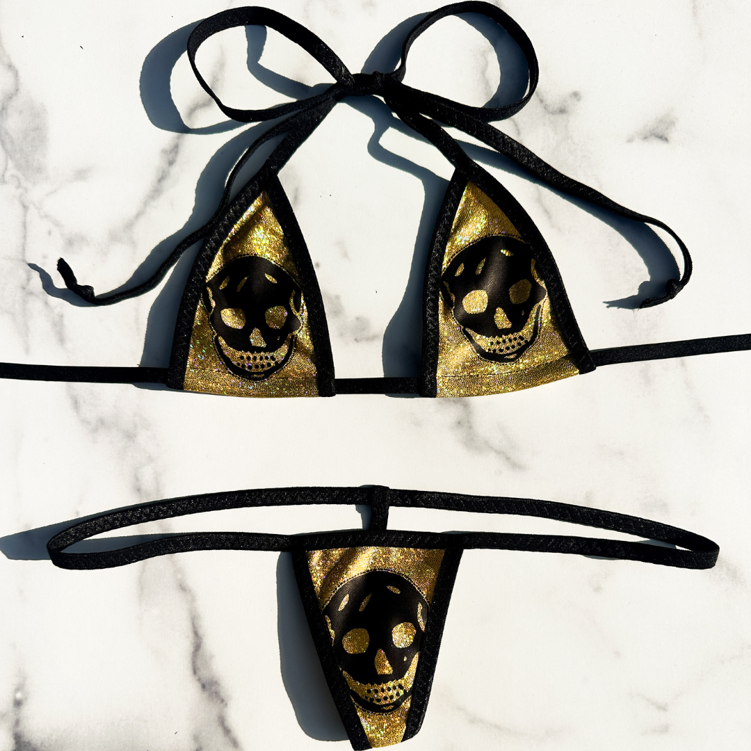 Holographic Gold with Black Skulls - 3 piece scrunch butt set (Thong included)