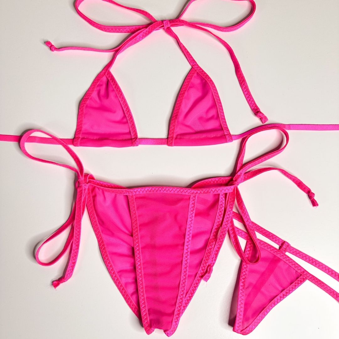 Solid Neon Pink Mesh - Scrunch Butt 3 Piece Set (Thong Included) - Completely See-Through