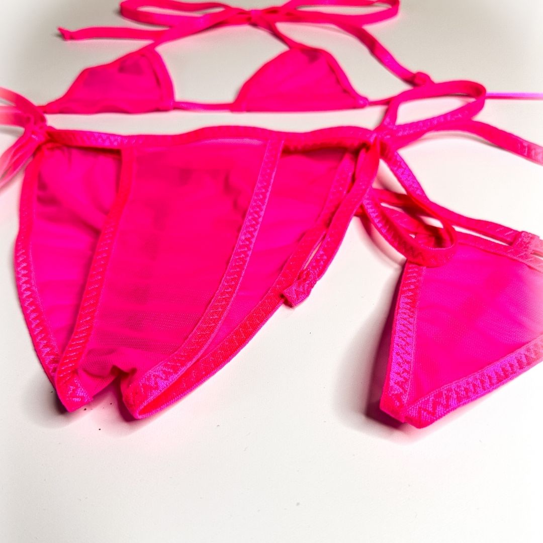 Solid Neon Pink Mesh - Scrunch Butt 3 Piece Set (Thong Included) - Completely See-Through