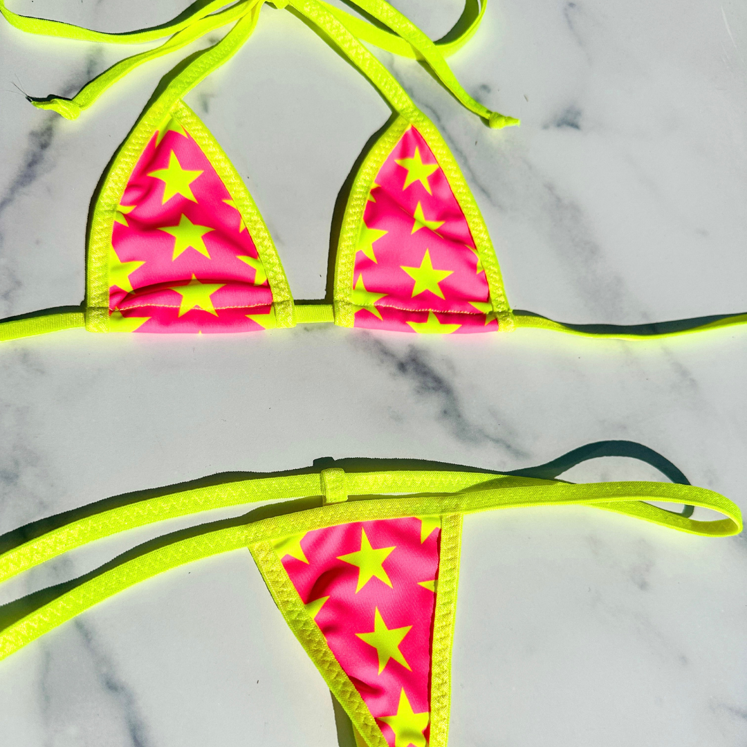 Micro G-String - Neon Pink with Neon Yellow Stars - Neon Yellow String
