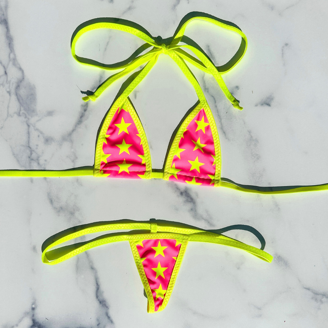 Micro G-String - Neon Pink with Neon Yellow Stars - Neon Yellow String