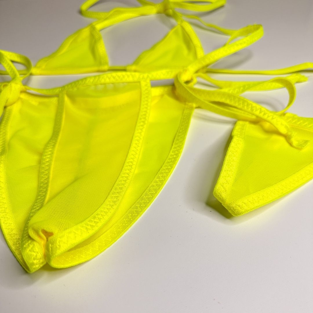 Neon Yellow Mesh Completely See Through - Neon Yellow - Scrunch Butt Three Piece (Thong Included)