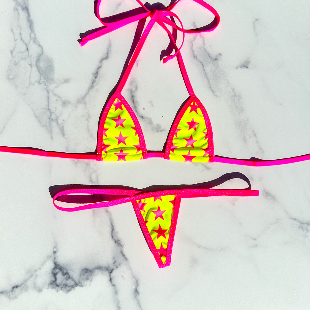 Micro G-String - Neon Yellow with Neon Pink Stars - Neon Pink String