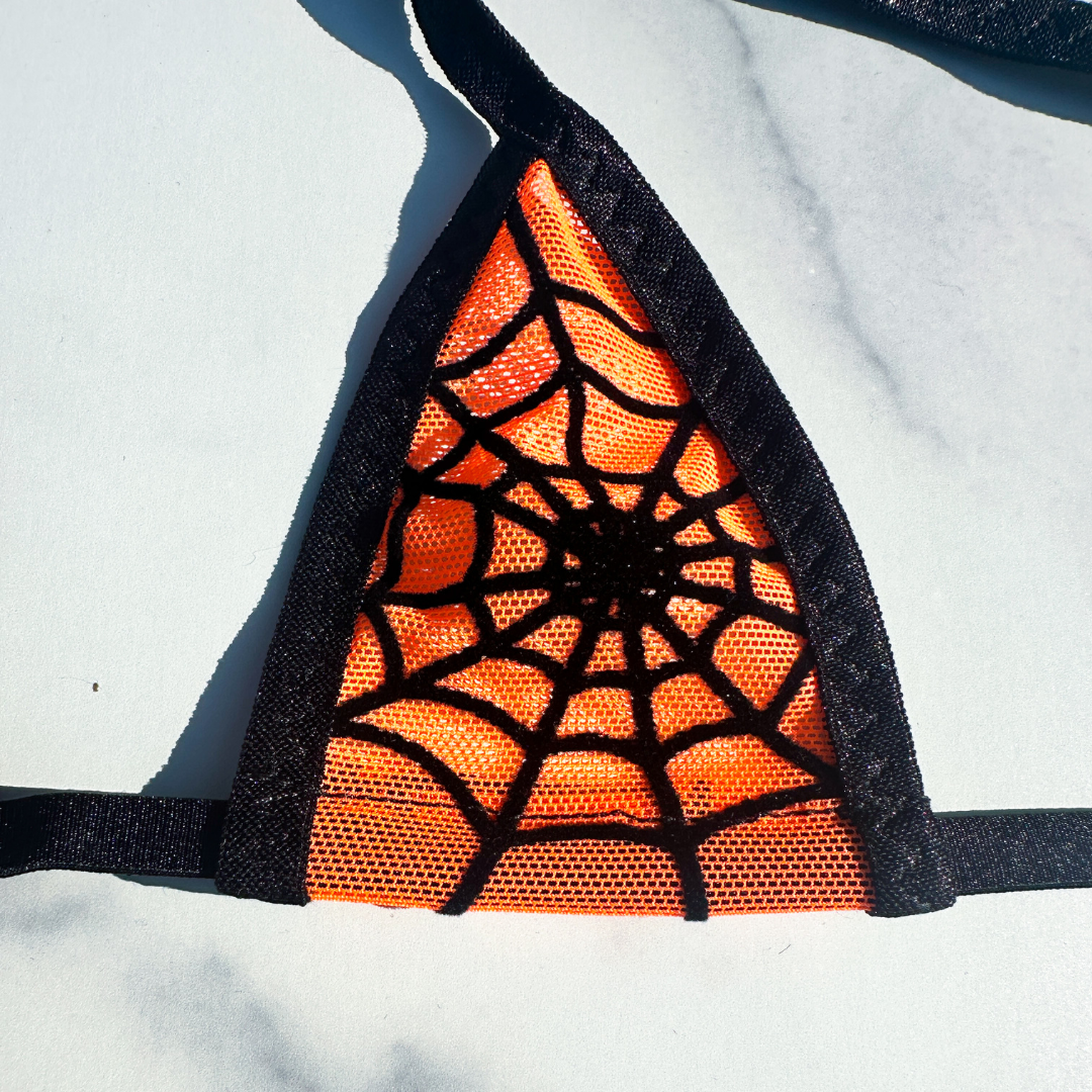 Orange Mesh Black Spider Web - Black - 3 piece scrunch butt set (Thong included)