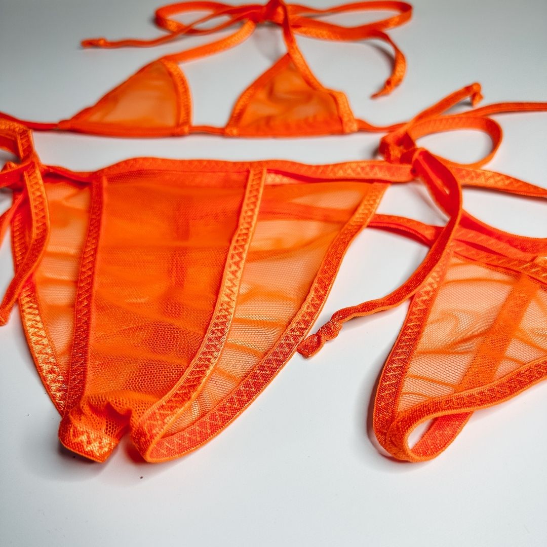 Orange Mesh See Through - Orange - Micro G String Thong Set